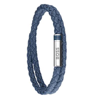 Bracelet Ares Summer en Cuir Tressé Bleu & Acier, Longueur 19 cm- 1580800 - Boss