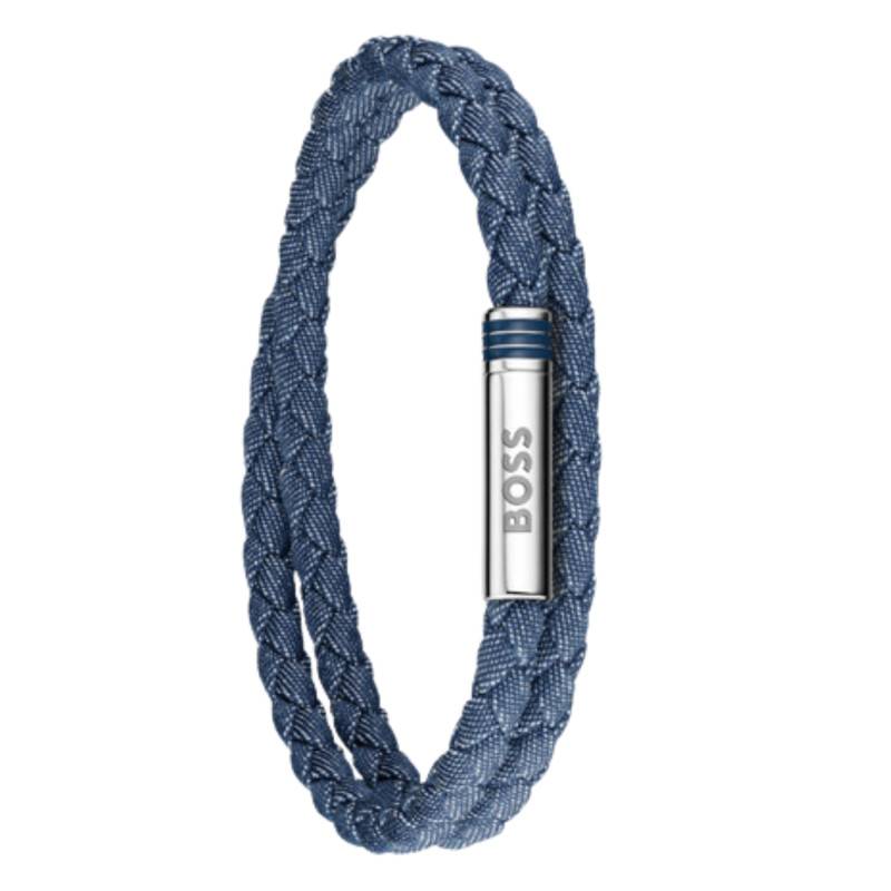 Bracelet Ares Summer en Cuir Tressé Bleu & Acier, Longueur 19 cm- 1580800 - Boss