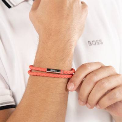 Coral Braided Leather & Stainless Steel Ares Summer Bracelet, Length 19 cm - 1580799 - Boss