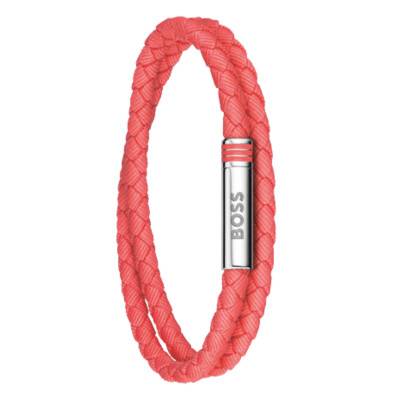 Coral Braided Leather & Stainless Steel Ares Summer Bracelet, Length 19 cm - 1580799 - Boss