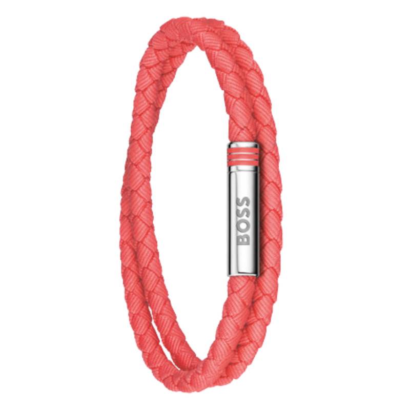 Coral Braided Leather & Stainless Steel Ares Summer Bracelet, Length 19 cm - 1580799 - Boss