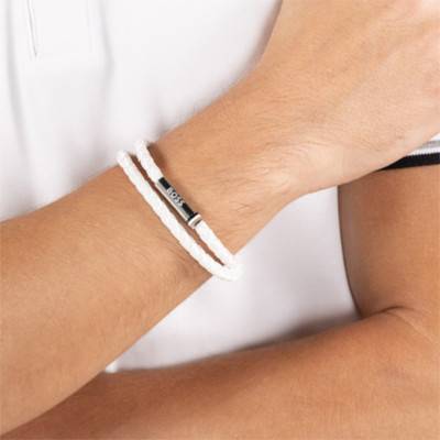 Bracelet Ares Summer en Cuir Tressé Blanc & Acier, Longueur 19 cm - 1580798 - Boss