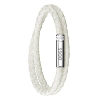 Bracelet Ares Summer en Cuir Tressé Blanc & Acier, Longueur 19 cm - 1580798 - Boss