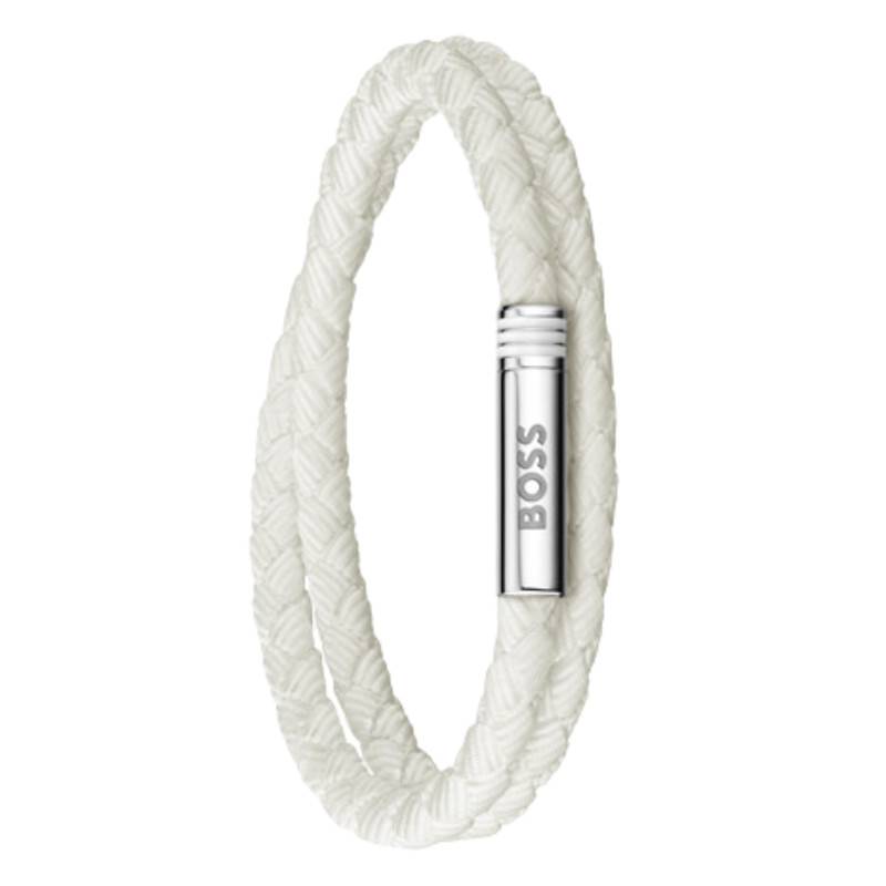 Ares Summer White Braided Leather & Steel Bracelet, Length 19 cm - 1580798 - Boss