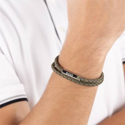 Olive Green Braided Leather & Stainless Steel Ares Summer Bracelet, Length 19 cm - 1580797 - Boss