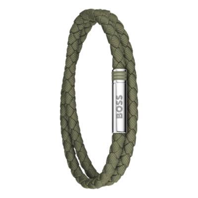 Olive Green Braided Leather & Stainless Steel Ares Summer Bracelet, Length 19 cm - 1580797 - Boss