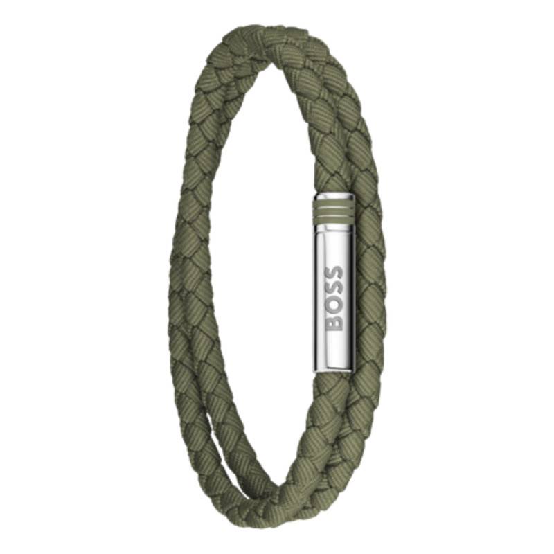 Olive Green Braided Leather & Stainless Steel Ares Summer Bracelet, Length 19 cm - 1580797 - Boss