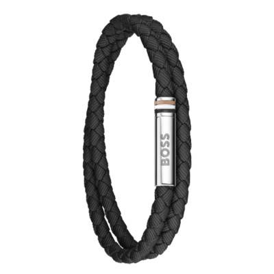 Bracelet Ares Summer en Cuir Tressé Noir & Acier, Longueur 19 cm - 1580796 - Boss