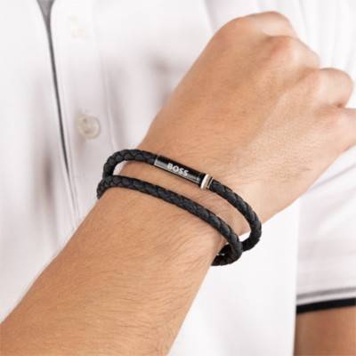 Bracelet Ares Summer en Cuir Tressé Noir & Acier, Longueur 19 cm - 1580796 - Boss