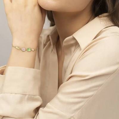Deva Gold-Tone Stainless Steel & Pink and Green Crystal Bracelet, Adjustable Length 25 cm - 2040606 - Lacoste