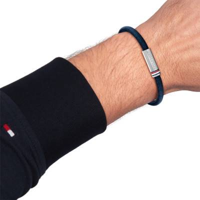 Blue Leather & Steel Printed Cord Bracelet, Length 19 cm - 2790702 - Tommy Hilfiger