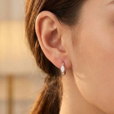White 375/1000 Gold & Zirconium Oxide Marquise Stone Hoop Earrings, 13 mm Diameter - Emanessence
