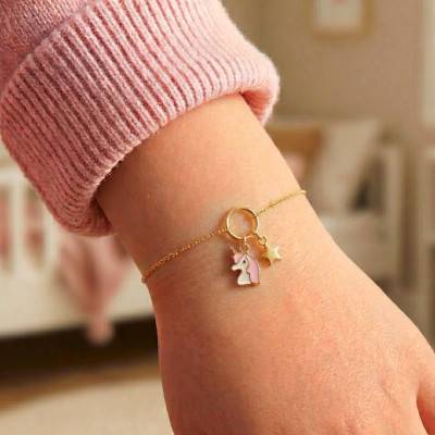 Yellow 750/1000 Gold & Enamel Unicorn Bracelet - Bambins