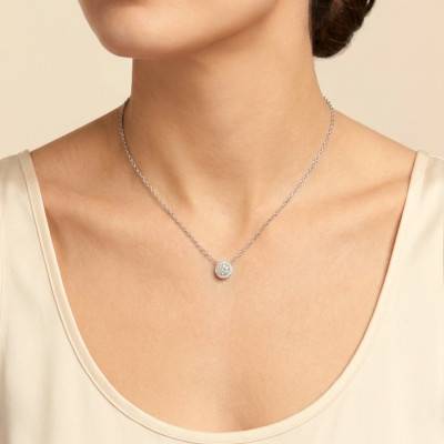 White 375/1000 Gold & Zirconium Oxide Round Necklace, Adjustable 41 cm Length - Emanessence