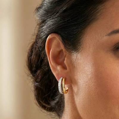 Two-Tone Gold Hoop Earrings with Zirconium Oxides, 9 mm Diameter - Emanessence