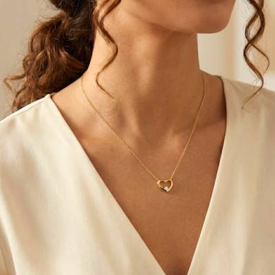 375 Yellow Gold & Zirconium Oxide Heart Necklace, Length 46 cm - Emanessence