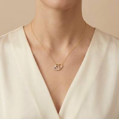 Two-Tone 375/1000 Gold & Zirconium Oxide Double Heart Necklace, Length 43 cm to 46 cm - Emanessence