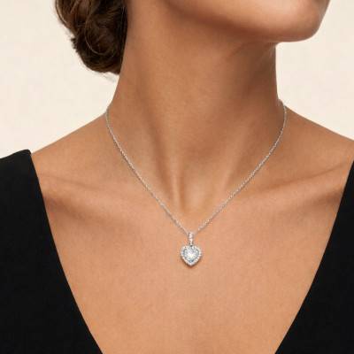 Pendentif Cœur Or Blanc 375 & Oxydes de Zirconium - Emanessence