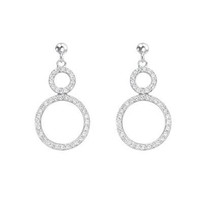 Boucle d'oreilles Pendantes Double Anneaux en Or Blanc 375 & Oxydes de Zirconium - Emanessence