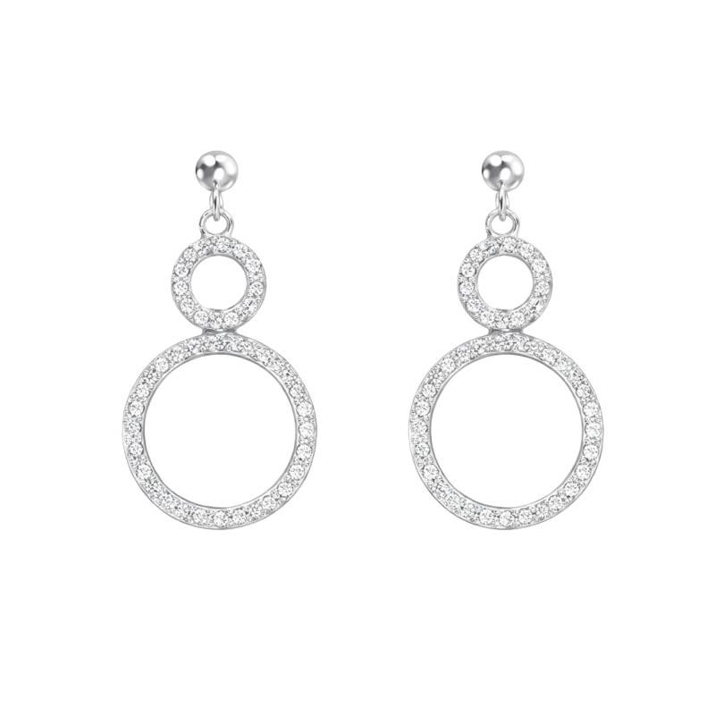 375/1000 White Gold & Zirconium Oxide Double Ring Drop Earrings - Emanessence