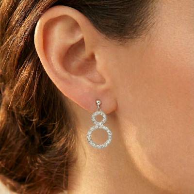 Boucle d'oreilles Pendantes Double Anneaux en Or Blanc 375 & Oxydes de Zirconium - Emanessence