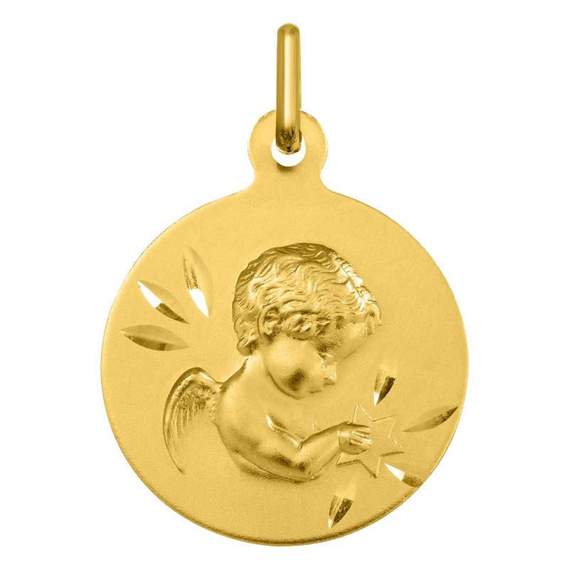 750/1000 Yellow Gold Starred Angel Medal, Diameter 16.5 mm - Argyor