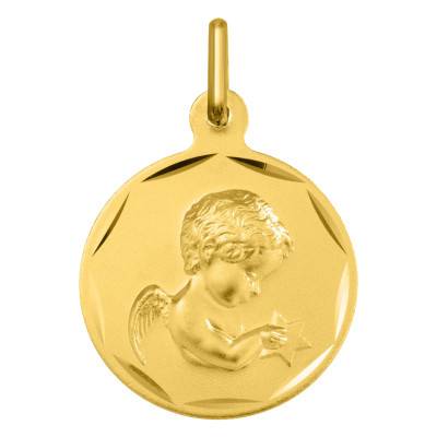 Médaille Ronde Ange en Prière Bords Guillochés, Diamètre 15 mm ou 17 mm, Or Jaune 750 - Argyor