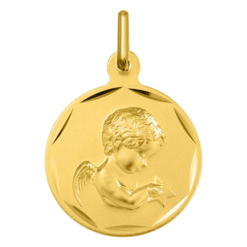 Médaille Ronde Ange en Prière Bords Guillochés, Diamètre 15 mm ou 17 mm, Or Jaune 750 - Argyor