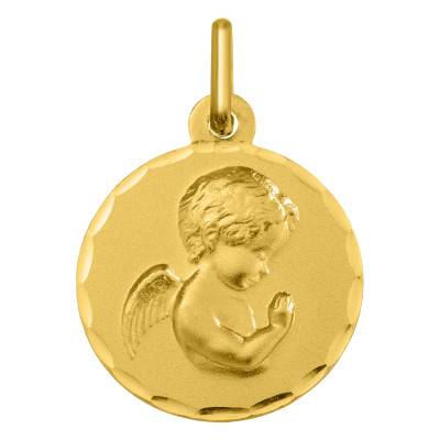Médaille ange en prière facetté Or Jaune 750, Diamètre 14 mm ou 16 mm - Argyor