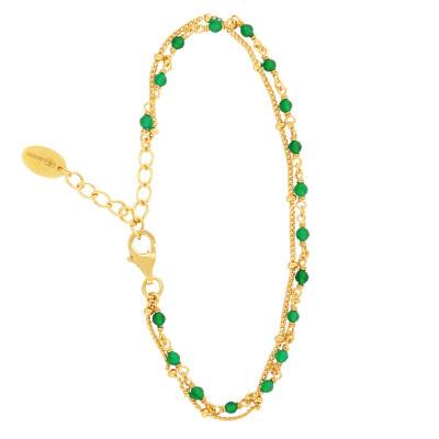 Gold-Plated Double Chain 925 Silver & Green Onyx Bracelet, 16 cm Adjustable Length - Orus Bijoux