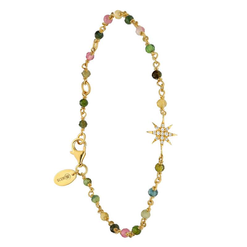 925 Sterling Silver Gold-Plated Star & Tourmalines Adjustable Bracelet, 16 cm - Orus Bijoux