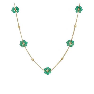 Collier Doré Fleurs en Argent 925 & Onyx Verts, Longueur 40 cm Ajustable - Orus Bijoux