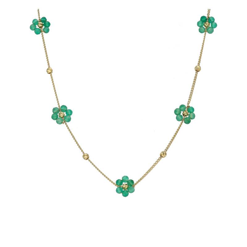 Gold-Plated Floral 925 Silver & Green Onyx Necklace, 40 cm Adjustable Length - Orus Bijoux