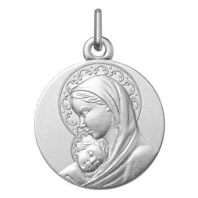 Médaille Vierge à l'Enfant Auréolé en Argent 925, Diamètre 18 mm - Lumiosa