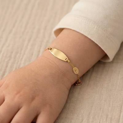 Gourmette Vierge Plaque Ovale en Or Jaune 375, Longueur 12 cm Ajustable - Ocarat