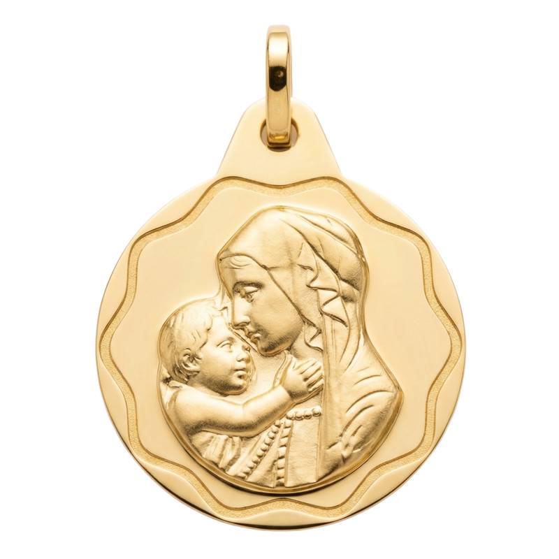 750 Yellow Gold Sandblasted Virgin and Child Medal, 15 mm Diameter - Lumiosa
