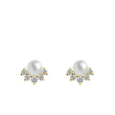 Boucles d'Oreilles en Or Jaune 375, Perles & Diamants de Synthèse 2 x 0,06 ct - Ocarat
