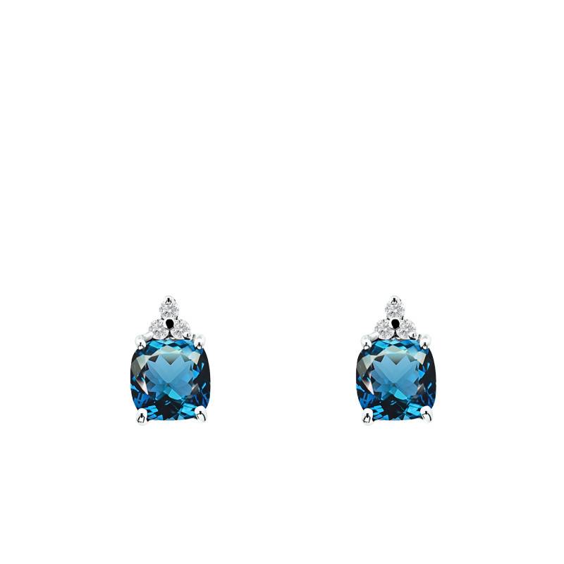 Boucles d'Oreilles en Or Blanc 750 & Topaze London Blue et Diamants de Synthèse 2 x 0,05 ct - Aurora