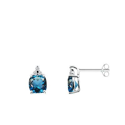 Boucles d'Oreilles en Or Blanc 750 & Topaze London Blue et Diamants de Synthèse 2 x 0,05 ct - Ocarat