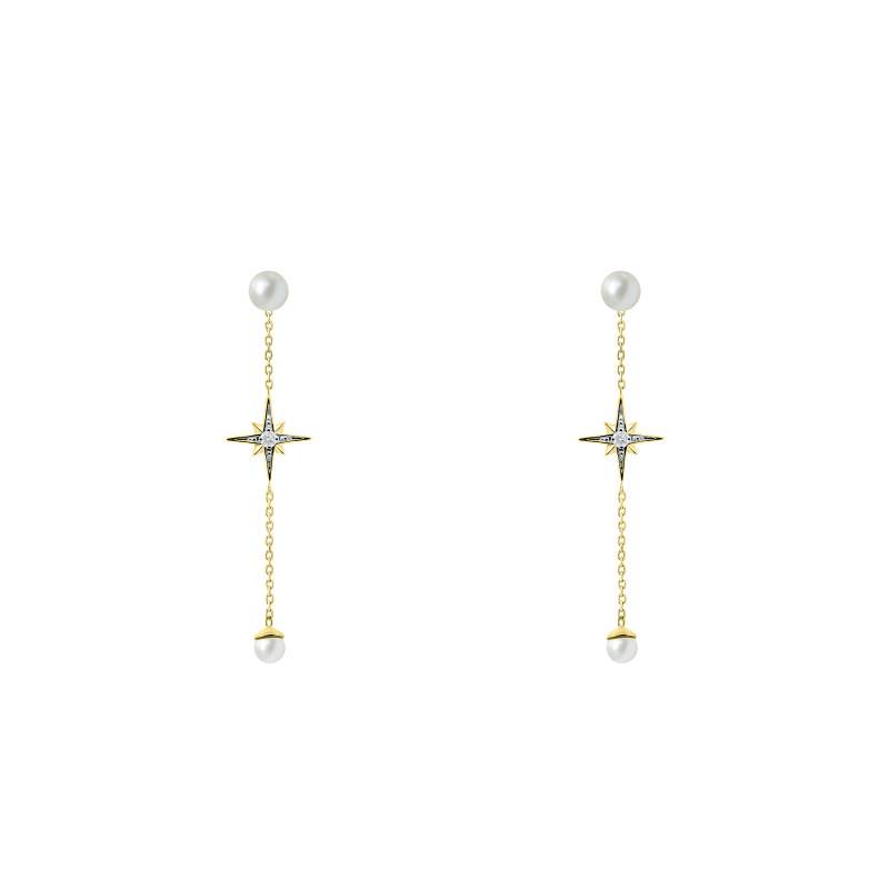 Boucles d'Oreilles Pendantes en 2 Ors 375, Perles & Diamants de Synthèse 2 x 0,025 ct - Ocarat