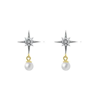 Boucles d'Oreilles Pendantes en 2 Ors 375, Perles & Diamants de Synthèse 2 x 0,035 ct - Ocarat