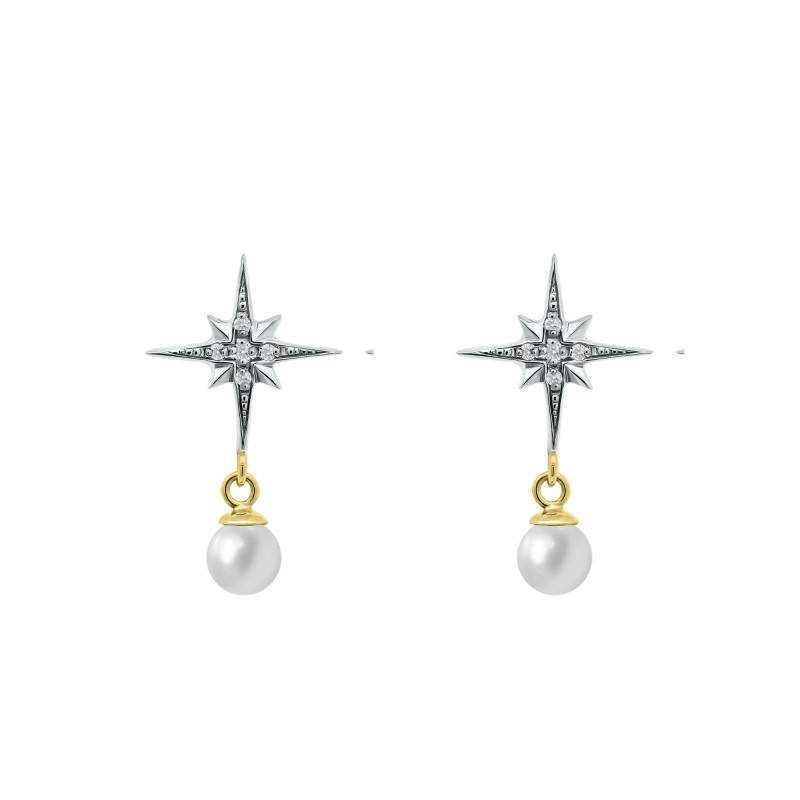 Boucles d'Oreilles Pendantes en 2 Ors 375, Perles & Diamants de Synthèse 2 x 0,035 ct - Ocarat