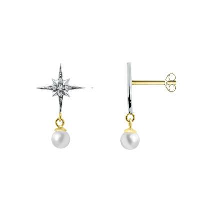 Boucles d'Oreilles Pendantes en 2 Ors 375, Perles & Diamants de Synthèse 2 x 0,035 ct - Ocarat