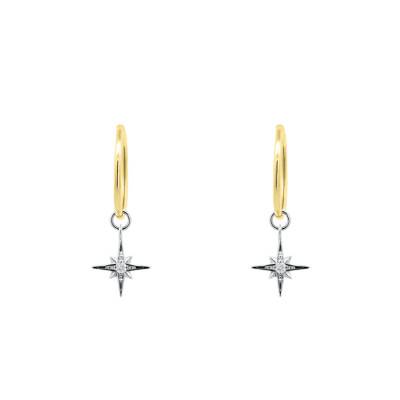 Boucles d'Oreilles Créoles Étoile en Or Jaune 375 & Diamants de Synthèse 2 x 0,025, Diamètre 12 mm - Ocarat