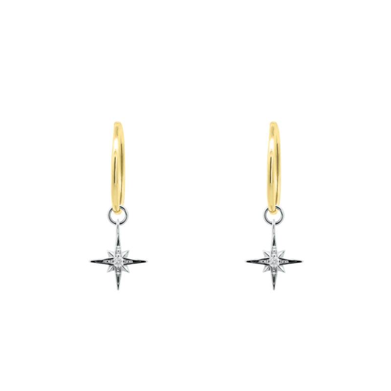 Boucles d'Oreilles Créoles Étoile en Or Jaune 375 & Diamants de Synthèse 2 x 0,025, Diamètre 12 mm - Ocarat
