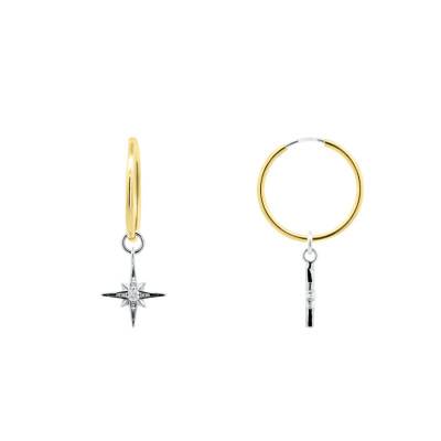 Boucles d'Oreilles Créoles Étoile en Or Jaune 375 & Diamants de Synthèse 2 x 0,025, Diamètre 12 mm - Ocarat