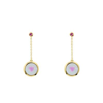 Boucles d'Oreilles Pendantes en Or Jaune 375 & Saphirs de Synthèse Roses 0,01 ct - Ocarat