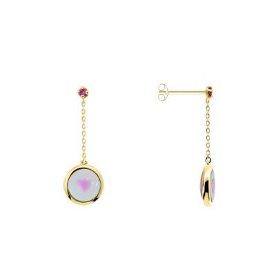 Boucles d'Oreilles Pendantes en Or Jaune 375 & Saphirs de Synthèse Roses 0,01 ct - Ocarat