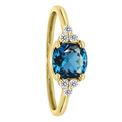 Bague Solitaire Épaulé Topaze London Blue & Diamants de Synthèse 0,10 ct en Or Jaune 750, Taille 54 - Ocarat