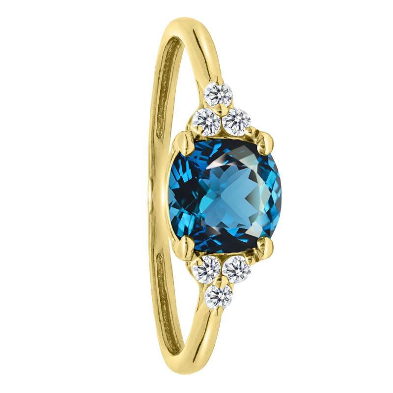 Bague Solitaire Épaulé Topaze London Blue & Diamants de Synthèse 0,10 ct en Or Jaune 750, Taille 54 - Ocarat